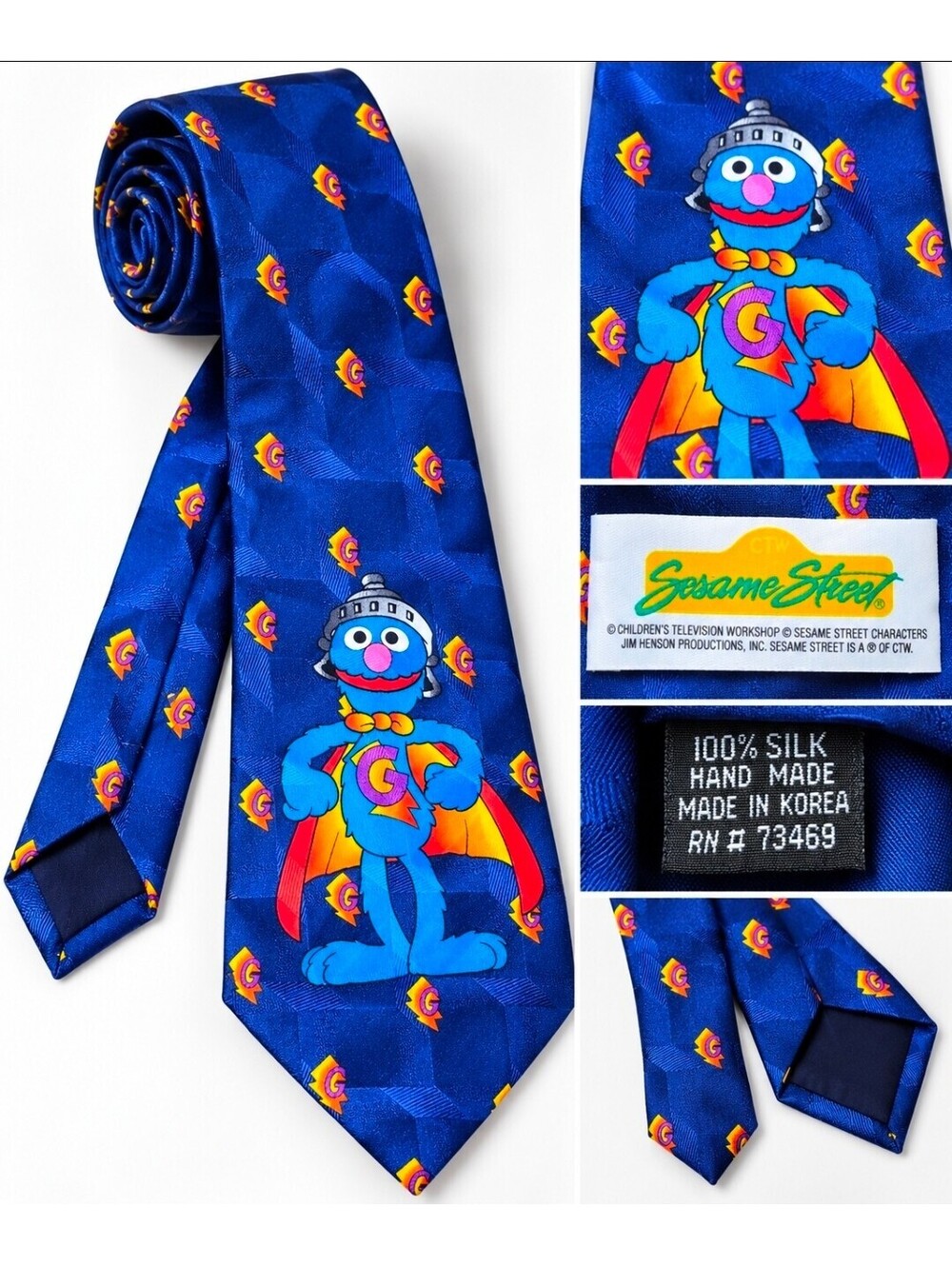 Vintage Sesame Street Super Grover 100% Silk Necktie Jim Henson Blue Tie